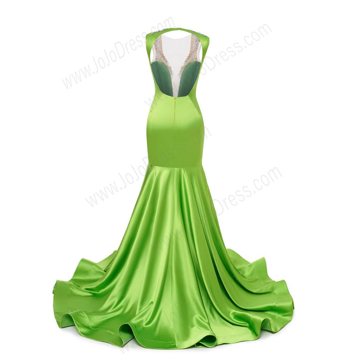 Green Sexy Maxi Fit and Flare Formal Prom Dress with Plunging Neckline and Open Back EN5805