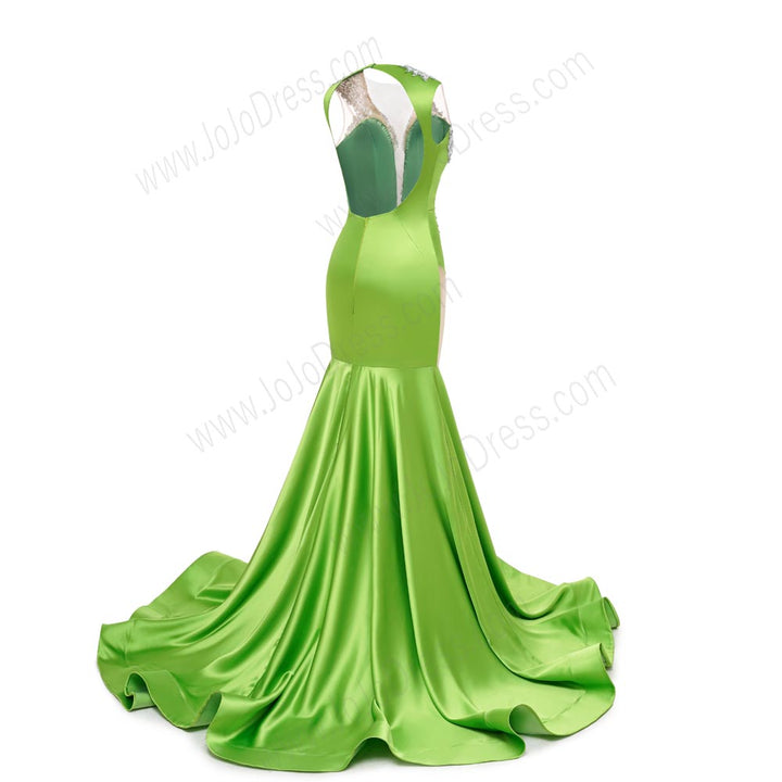 Green Sexy Maxi Fit and Flare Formal Prom Dress with Plunging Neckline and Open Back EN5805