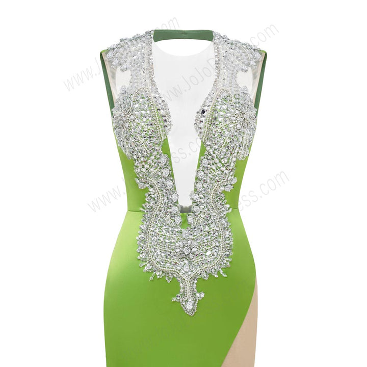 Green Sexy Maxi Fit and Flare Formal Prom Dress with Plunging Neckline and Open Back EN5805