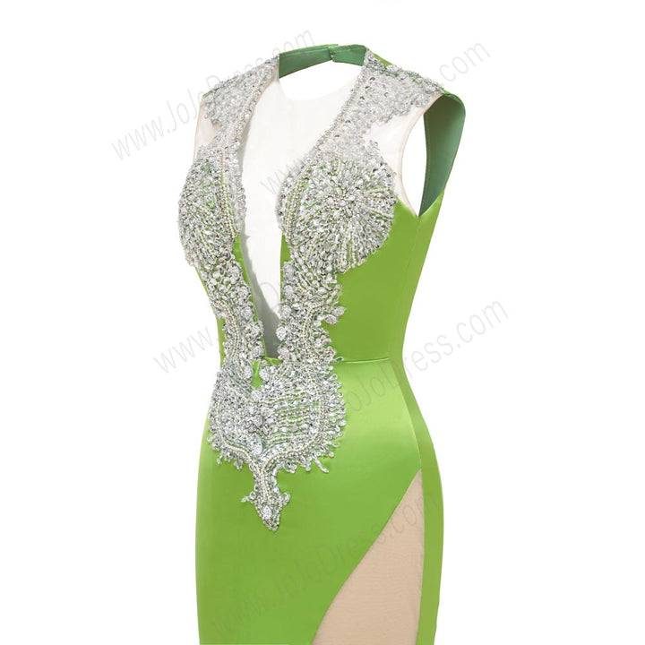 Green Sexy Maxi Fit and Flare Formal Prom Dress with Plunging Neckline and Open Back EN5805