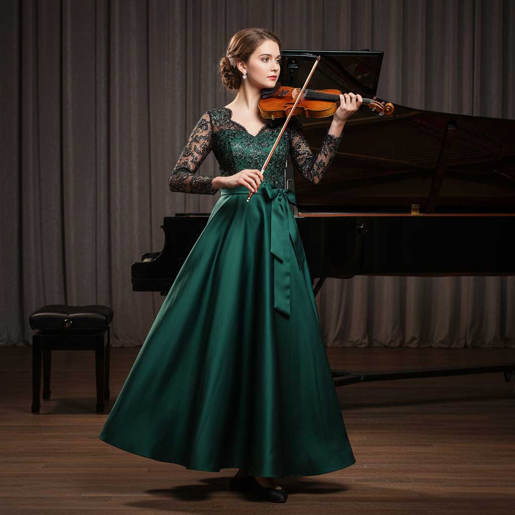 Dark Green Long Music Recital Dress with Long Sleeves TS2605