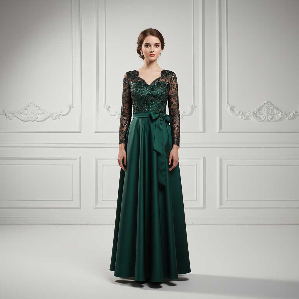 Dark Green Long Music Recital Dress with Long Sleeves TS2605