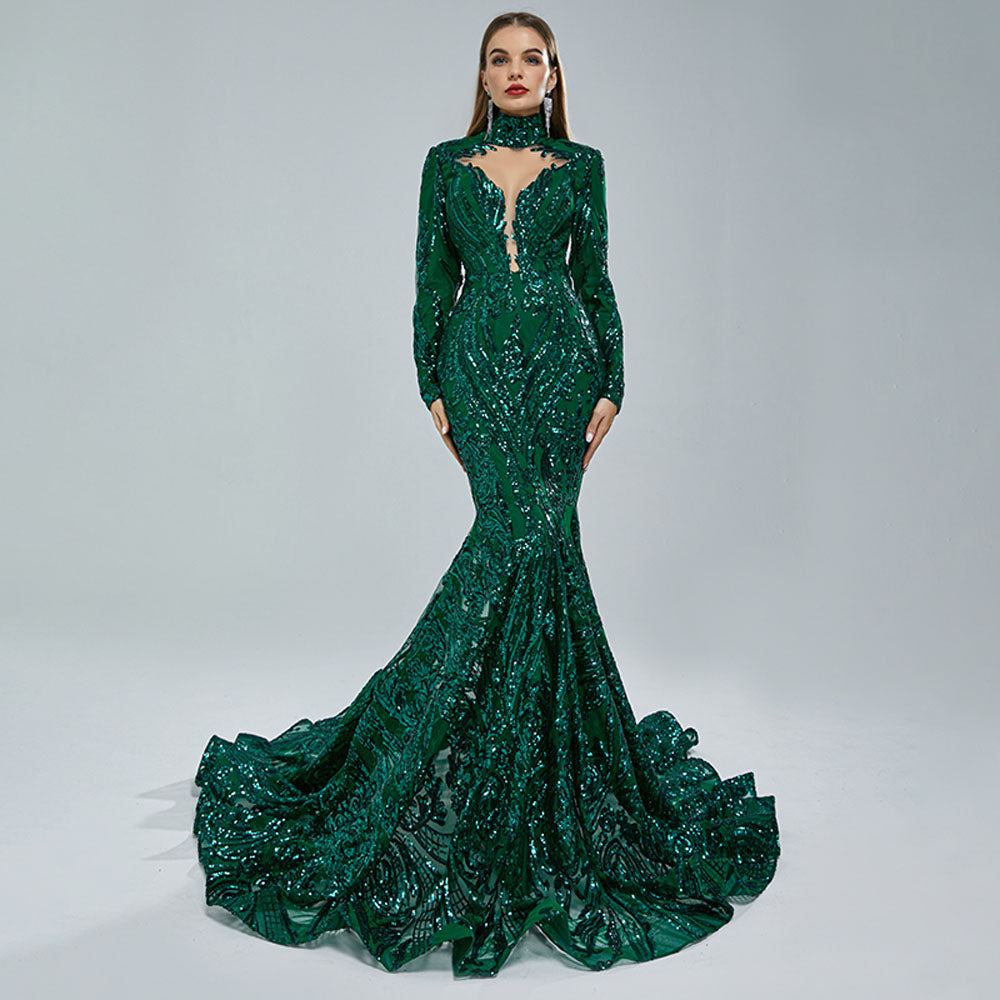 Hot Long Yellow Sequins Lace Formal Evening Dress with Halter Neck EN5411