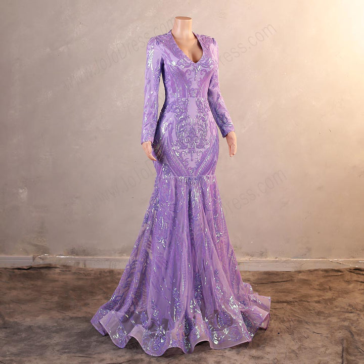 Lilac Purple Maxi Sequins Lace Formal Evening Dress with Long Sleeves EN5813