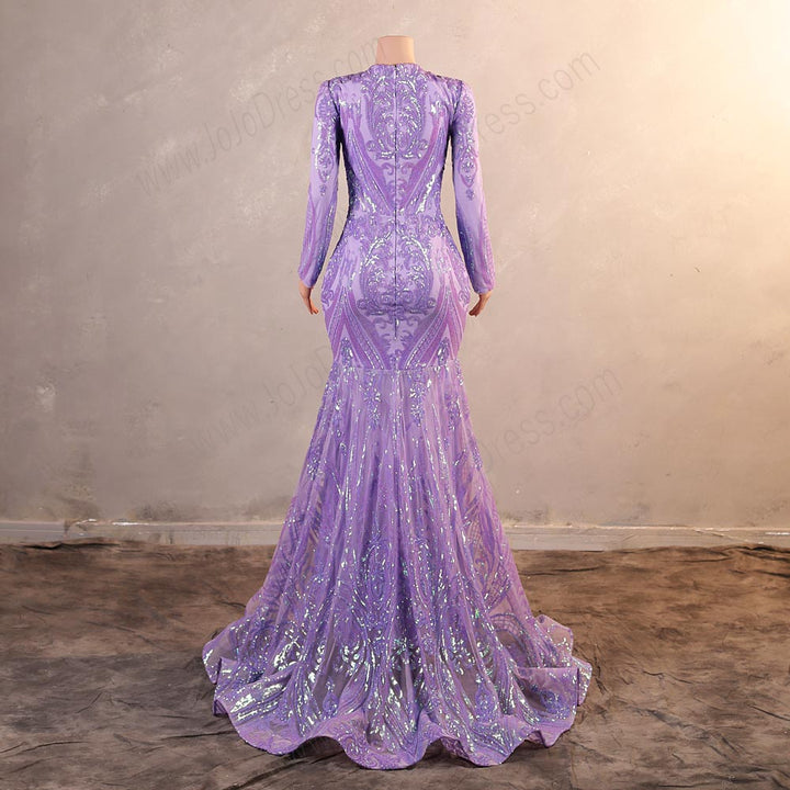 Lilac Purple Maxi Sequins Lace Formal Evening Dress with Long Sleeves EN5813