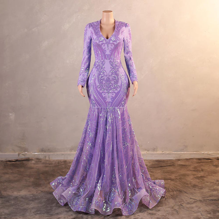 Lilac Purple Maxi Sequins Lace Formal Evening Dress with Long Sleeves EN5813