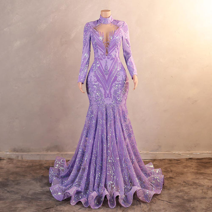 Lilac Purple Maxi Sequins Lace Halter Style Formal Evening Dress EN5813