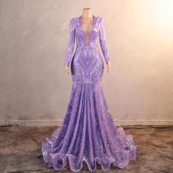 Lilac Purple Maxi Sequins Long Sleeves Mermaid Formal Prom Evening Dress EN5807