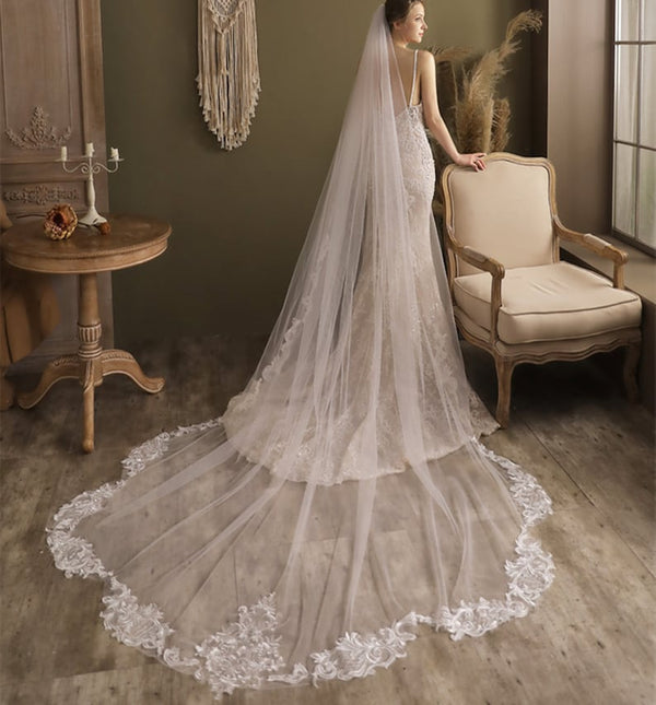 Long Cathedral Lace Wedding Veil with Lace from Midway EE883055