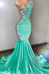 Turquoise Mint Green Rhinestone Sparkly Mermaid Velvet Prom Evening Dress AL3018