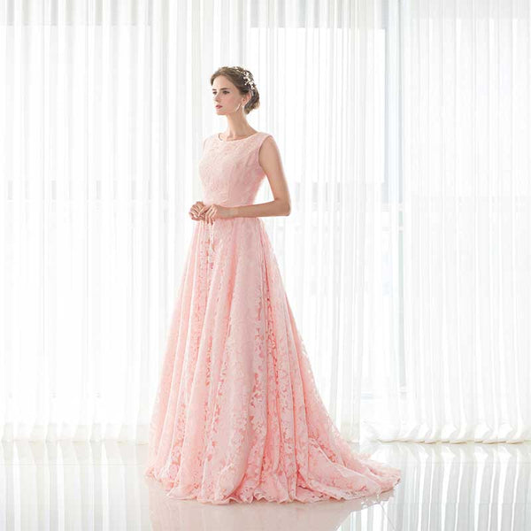 Modest Pink Lace Maxi Formal Prom Evening Dress EN905