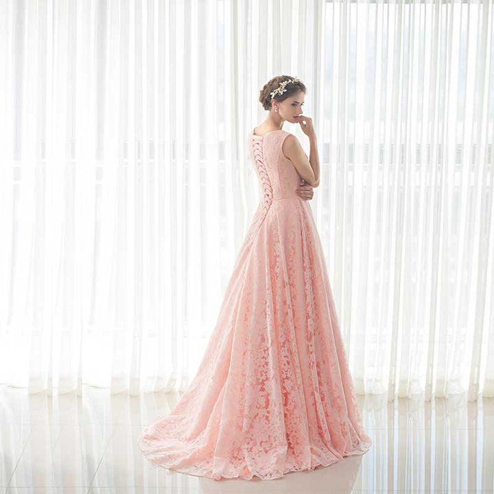 Modest Pink Lace Maxi Formal Prom Evening Dress EN905