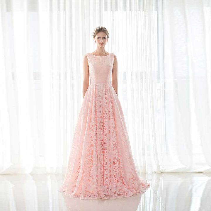 Modest Pink Lace Maxi Formal Prom Evening Dress EN905
