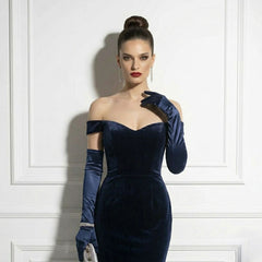 Long Navy Blue Satin Gloves for Formal Evening Wear