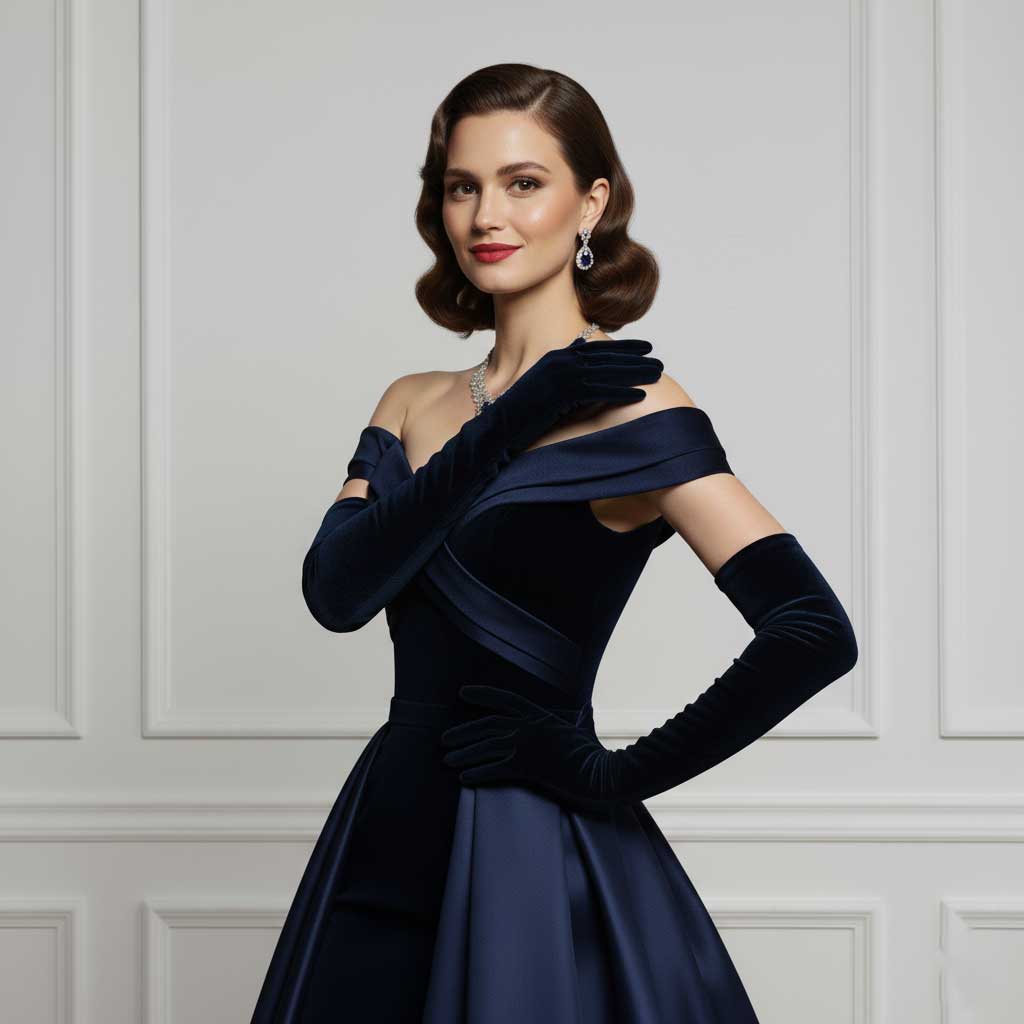 Long Navy Blue Satin and Velvet Gloves for Formal Evening Wear