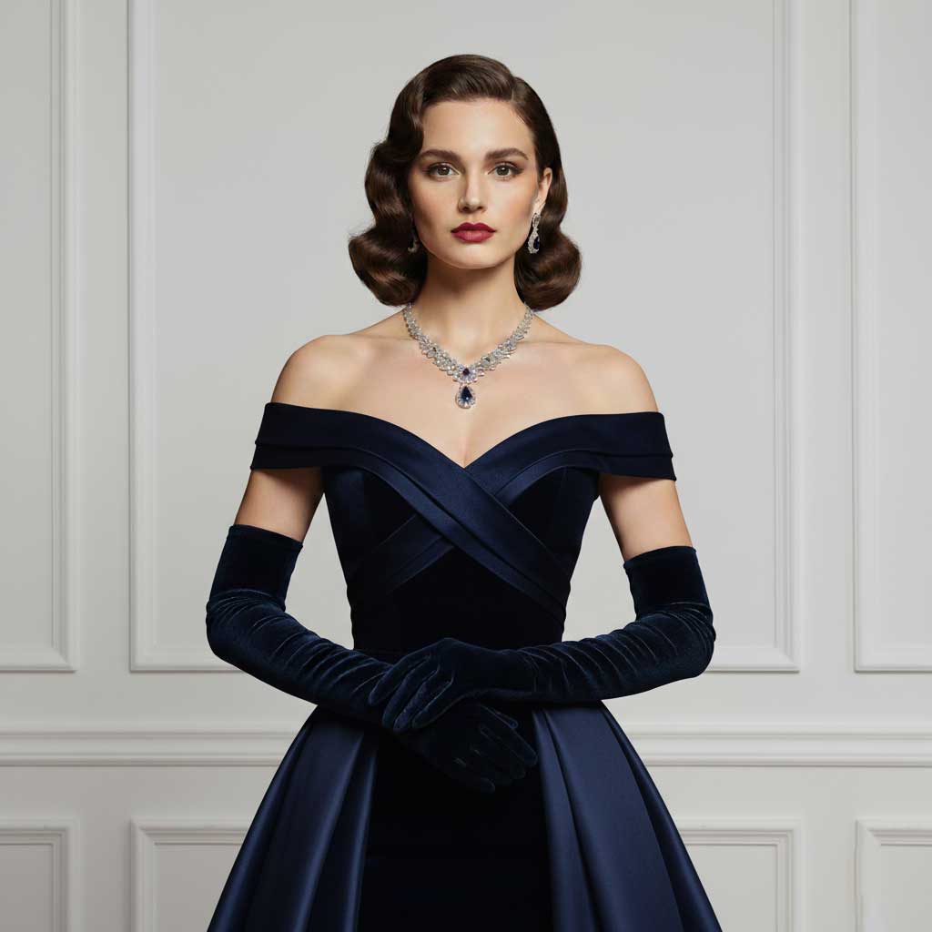 Long Navy Blue Satin and Velvet Gloves for Formal Evening Wear