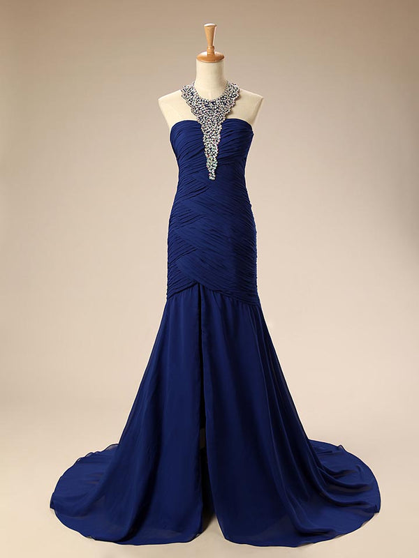 Navy Blue Maxi Halter Mermaid Formal Evening Dress EN134