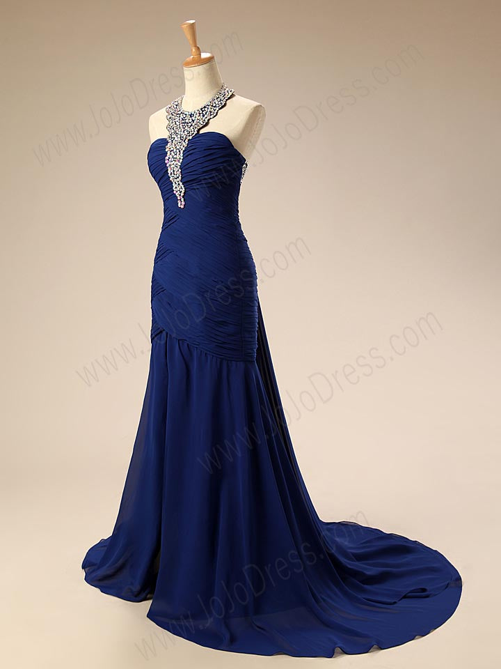 Navy Blue Maxi Halter Mermaid Formal Evening Dress EN134