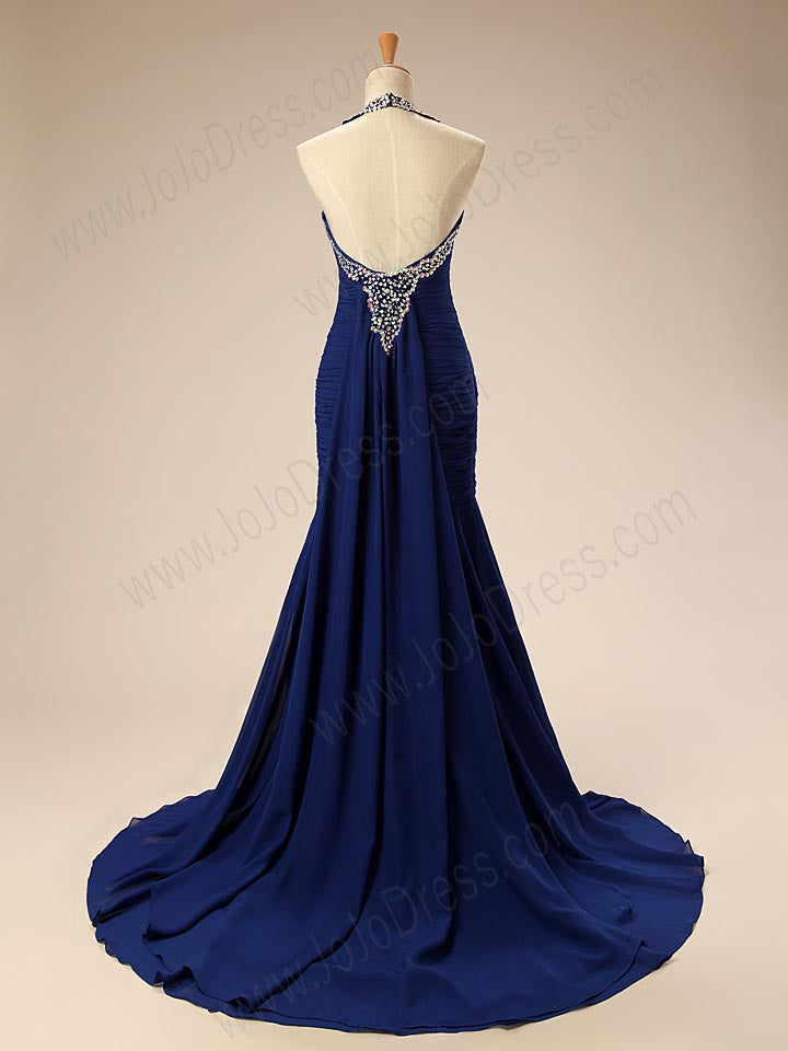 Navy Blue Maxi Halter Mermaid Formal Evening Dress EN134