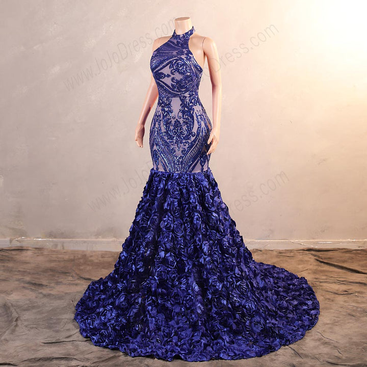 Blue Sequins Fitted Maxi Formal Evening Dress with Halter Neck EN5808