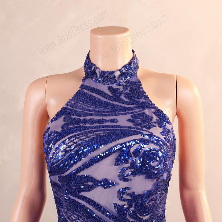 Blue Sequins Fitted Maxi Formal Evening Dress with Halter Neck EN5808