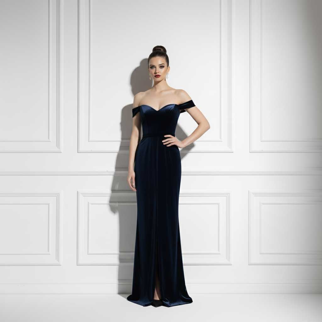 Navy Blue Maxi Velvet Formal Prom Evening Dress TS2601