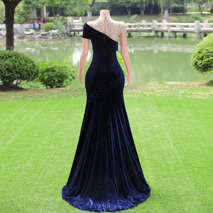 Navy Blue Velvet Maxi Fitted Formal Prom Evening Dress EN5809