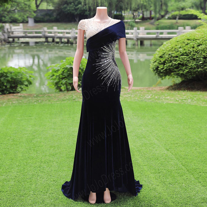 Navy Blue Velvet Maxi Fitted Formal Prom Evening Dress EN5809