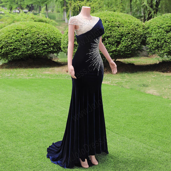 Navy Blue Velvet Maxi Fitted Formal Prom Evening Dress EN5809