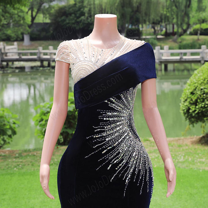 Navy Blue Velvet Maxi Fitted Formal Prom Evening Dress EN5809