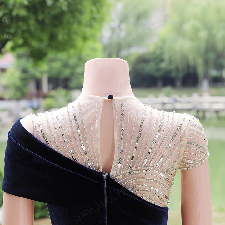 Navy Blue Velvet Maxi Fitted Formal Prom Evening Dress EN5809
