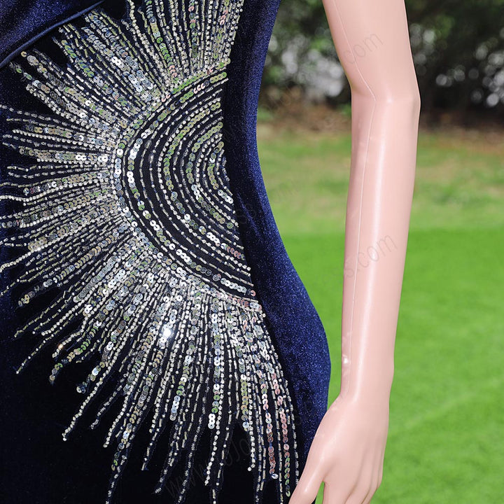 Navy Blue Velvet Maxi Fitted Formal Prom Evening Dress EN5809