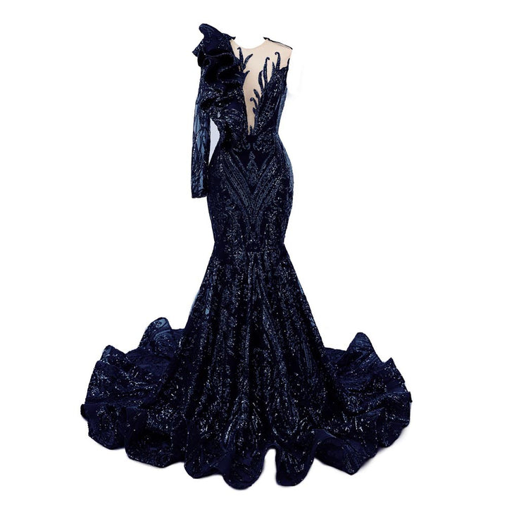 Navy Sequins Fit and Flare Formal Prom Evening Dress EN5806