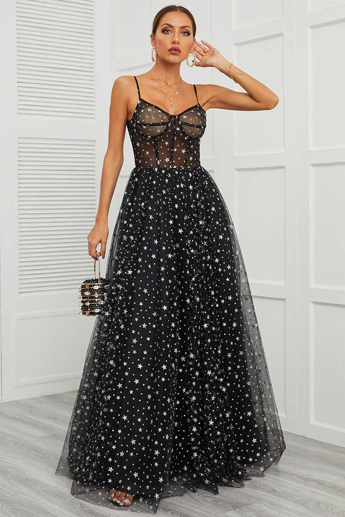 open lace back dress Black Maxi Formal Prom Dress with Stars EN5702