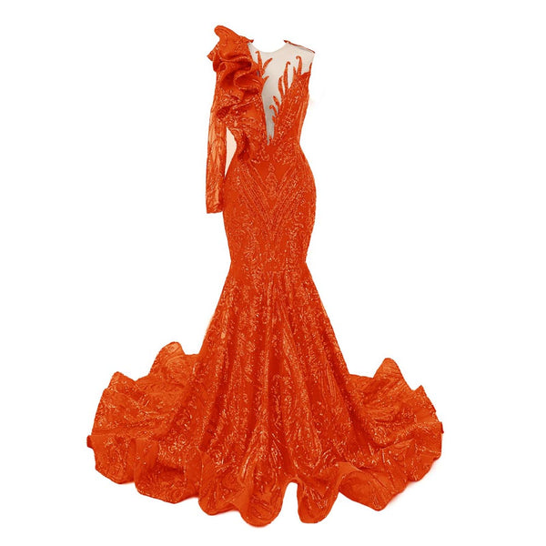 Orange Sequins Fit and Flare Formal Prom Evening Dress EN5806