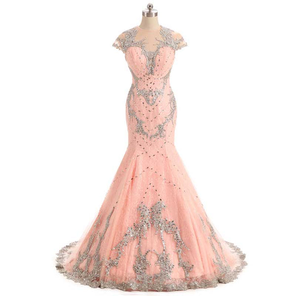 Peach Maxi Mermaid Lace Formal Evening Dress with Cap Sleeves EN1004