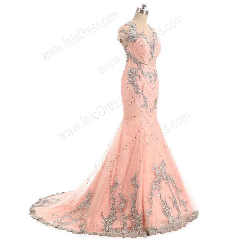 Peach Maxi Mermaid Lace Formal Evening Dress with Cap Sleeves EN1004