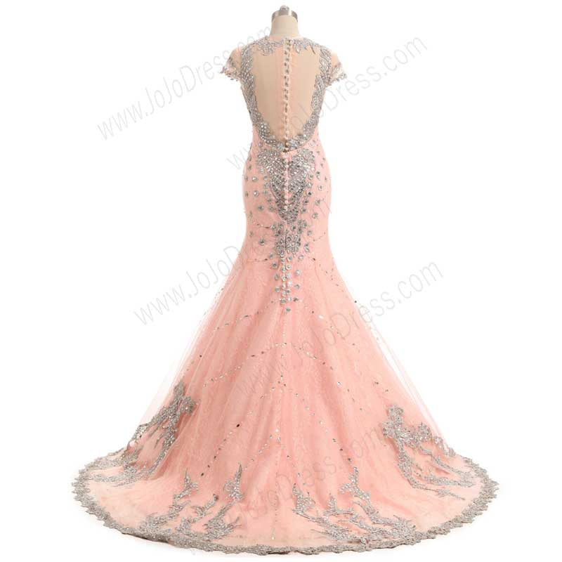 Peach Maxi Mermaid Lace Formal Evening Dress with Cap Sleeves EN1004