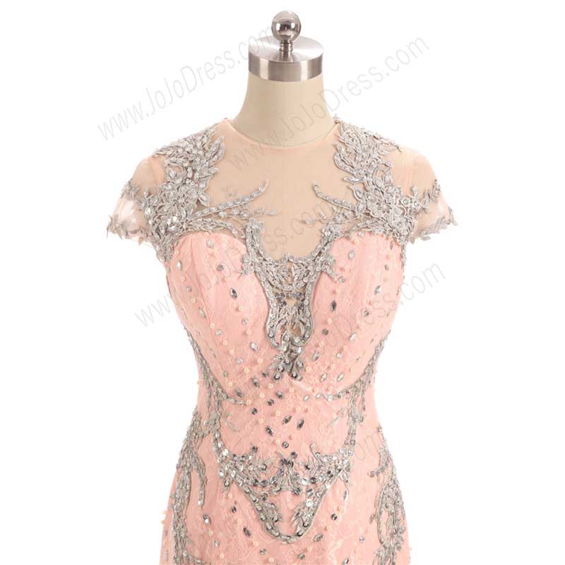 Peach Maxi Mermaid Lace Formal Evening Dress with Cap Sleeves EN1004