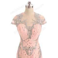 Peach Maxi Mermaid Lace Formal Evening Dress with Cap Sleeves EN1004