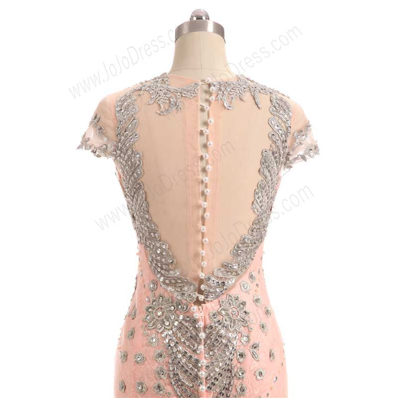 Peach Maxi Mermaid Lace Formal Evening Dress with Cap Sleeves EN1004