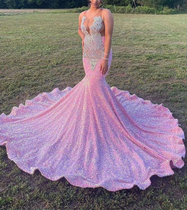 Pink Sparkly Glamorous Mermaid Formal Prom Evening Dress AL3023