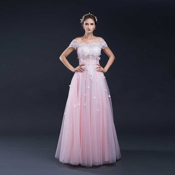 Pink Lace Off the Shoulder Formal Prom Evening Dress EN902