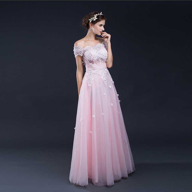 Pink Lace Off the Shoulder Formal Prom Evening Dress EN902