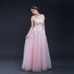 Pink Lace Off the Shoulder Formal Prom Evening Dress EN902