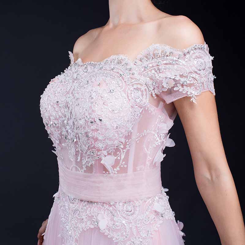 Pink Lace Off the Shoulder Formal Prom Evening Dress EN902