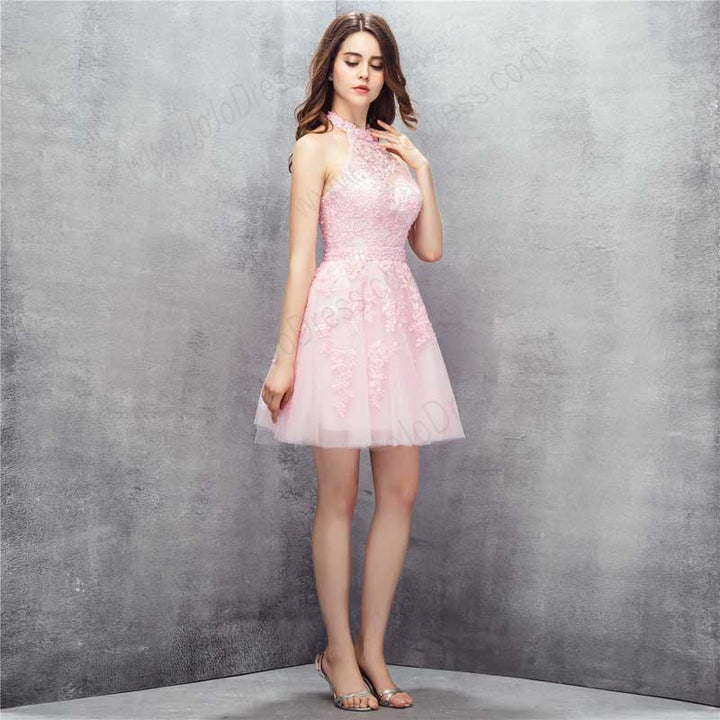 Mini Pink Lace Halter Cocktail Dress EN1006