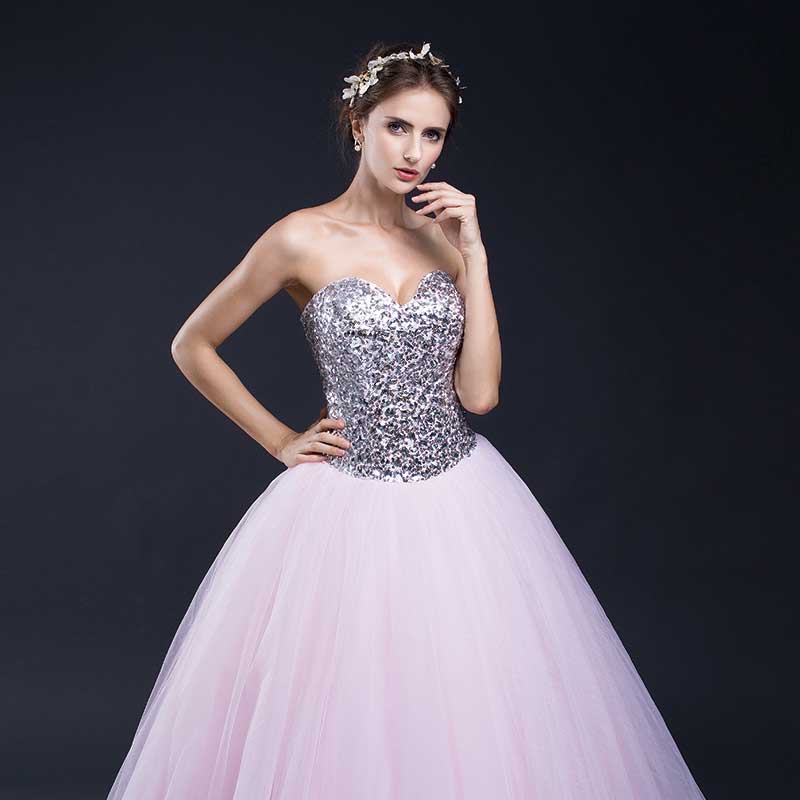 Strapless Pink Ball Gown Evening Dress with Sequins Top EN904