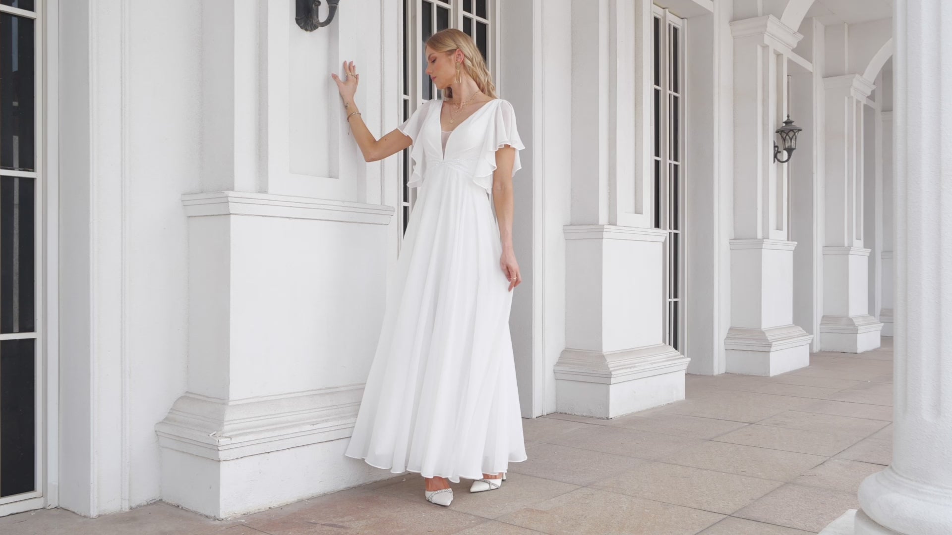 Chiffon Maxi Wedding Dress with Flutter Sleeves EN5712