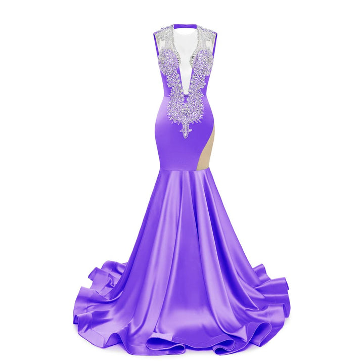 Purple Sexy Maxi Fit and Flare Formal Prom Dress with Plunging Neckline and Open Back EN5805